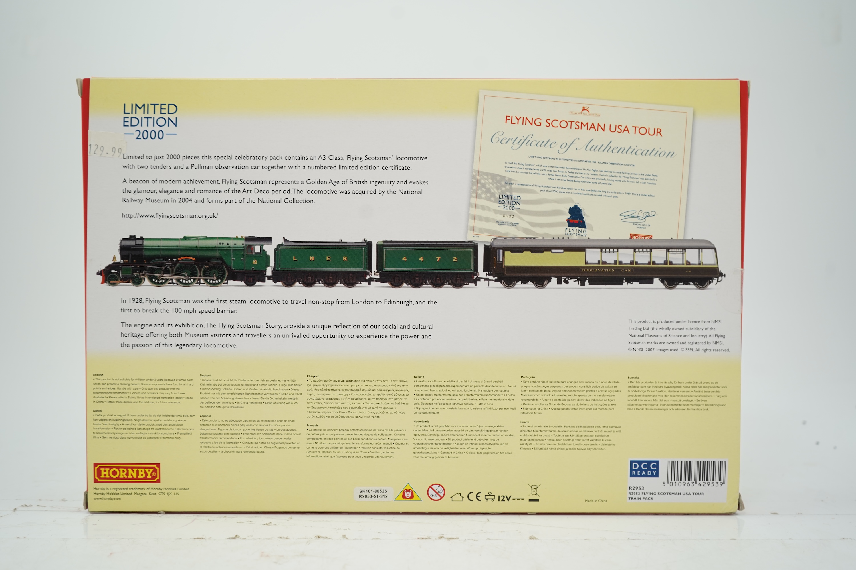 A Hornby Hobbies Flying Scotsman USA tour 1969 train pack (R2953), comprising LNER plus A3 locomotive with two tenders and an observation car